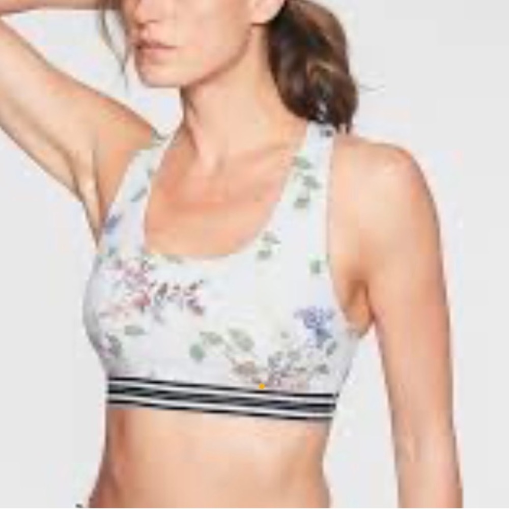 Athleta Contender Track Bra White with Floral Print and Stripe Detail, 34 B/C
